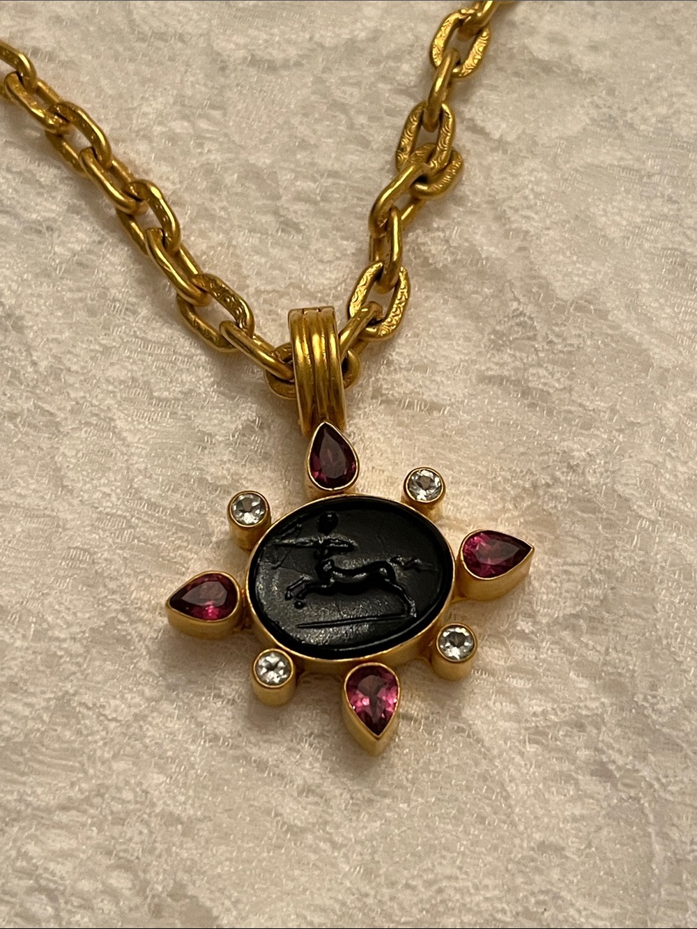 Dina Macknay Gold-Tone Necklace with Black Intaglio and Pink Teardrop Accents